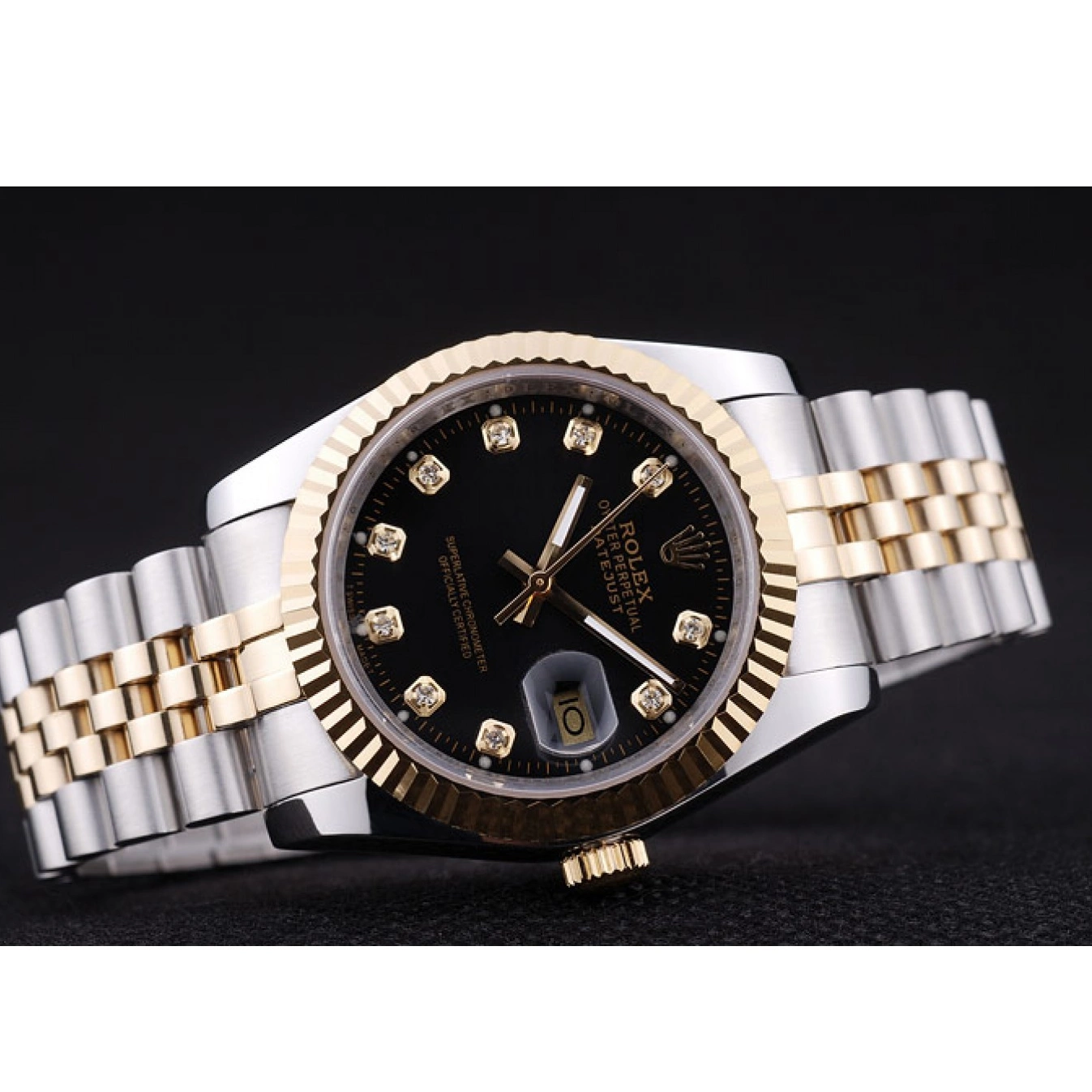 Aaa replica watch Dial Diamonds Bezel Ribbed Datejust 7453 Rolex Black 0708